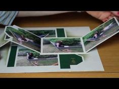 someone is holding up some photos on top of a wooden table with green trimmings