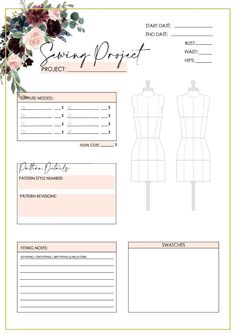 the sewing project form sheet is shown with flowers and leaves on it's side