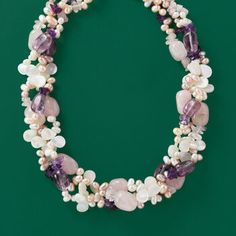 Ross-Simons - 8mm Cultured Pearl, 330.00ct t. w. Rose Quartz Torsade Necklace, 145.00ct t. w. Amethysts. 18". A striking display of blush hues, this torsade necklace will leave people staring! It boasts five strands of 8mm cultured freshwater semi-baroque pearls, 330.00 ct. t. w. rose quartz beads and 145.00 ct. t. w. amethyst beads with a polished sterling silver lobster clasp. Includes a 2" extender. Amethyst, rose quartz and white pearl torsade necklace. Pearl birthstones are the perfect gift