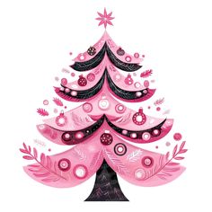 a pink christmas tree with black and white ornaments on it's top, surrounded by snowflakes