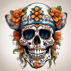 a skull with flowers on it's head and an orange flower in its hair