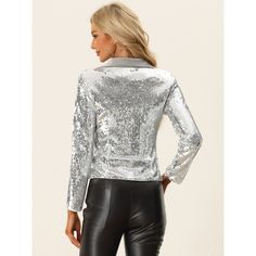 This chic and unique stylish jacket embellished with sparkly sequins is suitable for parties, cocktails, evening wear, dance performances, clubs, and so on. Pair this open-front jacket with dresses, tank tops, and shirts with your jeans and leggings. With sequin and metallic fabric, this blazer makes you shiny in the crowd. It is suitable for Christmas Day, parties, clubs, discos, nights out, daily wear, weekends, and shopping. Winter Night Out Contrast Sequin Fabric, Glamorous Contrast Sequin Top For Fall, Glamorous Fall Top With Contrast Sequin, Glamorous Fall Tops With Contrast Sequin, Glitter Long Sleeve Party Outerwear, Glamorous Sequin Fabric For Winter Night Out, Glitter Long Sleeve Outerwear For Party, Glamorous Contrast Sequin Fabric For Club, Glamorous Winter Sequin Fabric For Night Out