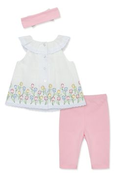 Get baby ready to show off in this pastel cotton set featuring a ruffled sleeveless top with a tulip border paired with coordinating leggings and a headband. Includes top, leggings and headband Top has back button closure; leggings have elastic waist 100% cotton Machine wash, tumble dry Imported Tulip Border, Baby Ready, Leggings Outfit, Cotton Set, Baby Size, Toddler Sizes, Outfits With Leggings, Baby Sets