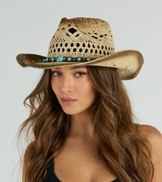 Top off your cowgirl core look with this straw western hat at bachelorettes, festivals, or country bar nights! Made from distressed straw material for a rustic feel.  Featuring a string tie bow adorned with a colorful stone and metal ball trim, this hat adds a touch of glam to the classic curved wide brim. Complete the look in cowboy boots.Fit & FeaturesString tie bow, colored stone and metal ball trim﻿Classic curved wide brimDistressed straw material Cowgirl Core, Country Bar, Short Graduation Dresses, White Dresses Graduation, Country Things, Boots Fit, Beach Wedding Guest Dress, Black Bridesmaids, Western Hat