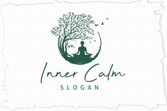 the inner calm logo with a person sitting in a lotus position under a tree and flying birds