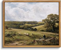 a painting of sheep grazing in a field with a man sitting on a rock looking at them