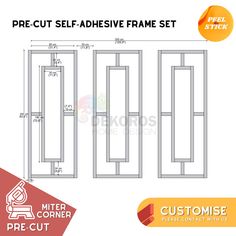 the pre - cut self - adhesive frame set includes three different sizes and finishes