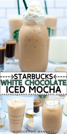 starbucks's white chocolate iced mocha with whipped cream in a mason jar and other drinks around it