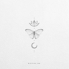 a drawing of a butterfly on top of a flower and crescent with the moon in the background