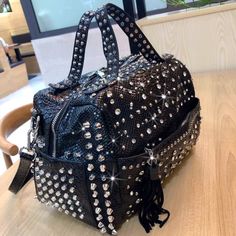 Bagrhinestone Handbag And Rivet Shoulder Bag. You Can Fit An Umbrella, Cosmetics Bag And More. Very Spacious And Sparkly Ladies Casual Handbag. Rhinestone Handbags, Fendi Mini, Michael Kors Shoulder Bag, Heart Bag, Trending Handbag, Tote Pattern, Casual Tote, Black Handbags, Rivets