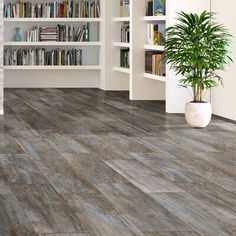 a living room with wood flooring and bookshelves