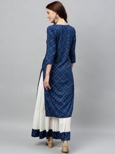 This Casual Women's Royal Blue Rayon Bandhani Print Straight Kurta Skirt Set is perfect for everyday summer wear. The beautiful blue and white color and eye-catching rayon print offer comfort and style in one comfortable silhouette. Made from skin-friendly fabric, this set is ready to ship from California. 2 Piece Rayon Machine Wash Style - Straight Pattern - Bandhani Print Sleeves - Three-quarter Neck - Round Neck Length - Calf Length Elastic waist band Machine Wash Dispatched in 1-3 business d Blue Bohemian Sharara With Straight Kurta, Blue Cotton Sharara With Block Print, Blue Cotton Block Print Sharara, Blue Block Print Sharara For Navratri, Blue Bandhani Print Kurta For Summer, Blue Bandhani Print Sets For Summer, Blue Bandhani Print Summer Sets, Summer Blue Bandhani Print Sets, Traditional Blue Sharara For Summer