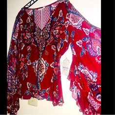 Peasant-Style Top With Bell Sleeves And A Gorgeous Paisley Print Brand New, With Tags (No Flaws Or Wear Whatsoever ) Size Small; Comfy Soft Material; Bohemian Style-Goes Well With Jeans, Flares, Skirts Etc Wonderful Addition To Any Closet! Top Is By Altr’d State But Because Poshmark Doesn’t Seem To Include That Brand In Any Of The Parties, I Related It Closest To Lucky/ Fp For Exposure So No One Would Miss Out On It Since I Dropped The Price Comes From A Clean, Smoke/Pet Free Home Casual Red V-neck Peasant Top, Red Long Sleeve Peasant Top For Vacation, Red Casual Peasant Top For Spring, Casual Red Peasant Top For Spring, Casual Red Blouse For Festival, Red Floral Print Peasant Top For Summer, Red Bohemian Peasant Top For Fall, Bohemian Red Peasant Top For Fall, Bohemian Red Peasant Top For Summer