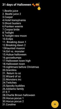 a black and yellow halloween list with pumpkins on the bottom right hand corner, which reads 31 days of halloween