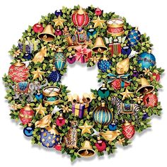 a christmas wreath with bells and ornaments on it