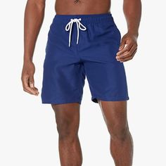 Men's 9" Quick-Dry Swim Trunk Blue Relaxed Fit Moisture-wicking Swim Trunks, Blue Moisture-wicking Swim Trunks With Relaxed Fit, Casual Navy Swim Trunks For Pool, Essentials Shorts, Casual Shorts Men, Mens Stripes, Amazon Essentials, Training Shorts, Mens Essentials