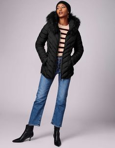 Denali Versatile Vegan Fur Puffer Jacket - Black - Bernardo Long Sleeve Down Puffer Jacket With Faux Fur Lining, Fitted Faux Fur Outerwear With Detachable Hood, Long Sleeve Down Outerwear With Faux Fur Trim, Cold Weather Outerwear With Faux Fur Trim, Winter Outerwear With Faux Fur Trim And Down, Faux Fur Trim Down Outerwear For Cold Weather, Down Outerwear With Faux Fur Trim For Cold Weather, Winter Down Outerwear With Faux Fur Trim, Trendy Puffer Jacket With Faux Fur Trim