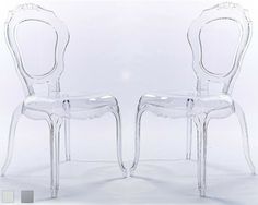 two clear chairs sitting next to each other on a white surface with one chair facing the other