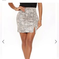 Never Been Worn! Still With Tags From Fashion Nova Trendy Fitted Silver Mini Skirt, Silver Fitted Mini Skirt, Trendy Fitted Silver Skirt, Chic Fitted Silver Mini Skirt, Silver Mini Skirt For Spring, Silver Mini Length Bottoms For Night Out, Taupe Fashion, Suede Mini Skirt, Snake Print