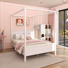 a bedroom with pink walls and white furniture