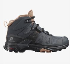 a pair of black hiking shoes with brown accents on the upper part of the shoe