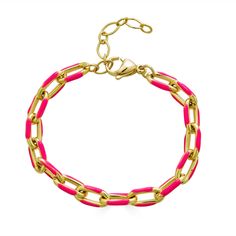 This ultra-mod chunky cable chain bracelet features pops of rich color, giving it a unique look of imaginative artistry with street style. A high-shine finish brings glamor to this statement bracelet, becoming the center of attention with any day or night wardrobe. An oversized lobster clasp and extension chain accommodate your best wrist size. Statement Bracelet, Pink Bracelet, Cable Chain, Precious Metals, Rich Color, Chain Bracelet, Lobster Clasp, Sale Items, Ring Size