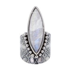 this beautiful Boho style Moonstone Sterling Silver ring has everything going for it the beautiful milky color of the Moonstone crystal exudes healing feminine sensuality its bezel is elaborately decorated and serves to embellish the natural beauty of the crystal metaphysical properties: Moonstone helps restore peace, serenity and emotional control, balances hormones and provides support during periods of hormonal change such as puberty or menopause size 6 approximate dimensions: 3/8" x 1" FREE Bohemian Silver Moonstone Ring, Spiritual Moonstone Crystal Ring, Healing Moonstone Ring With Natural Stones, Bohemian Moonstone Crystal Ring With Natural Stones, Bohemian Moonstone Crystal Ring With Gemstone, Bohemian Moonstone Ring With Moon Phase Detail, Bohemian Moonstone Moon-shaped Crystal Ring, Bohemian Moonstone Crystal Ring For Healing, Bohemian Moonstone Crystal Ring In Moon Shape