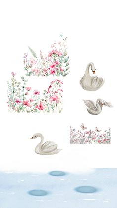 swans and flowers are depicted in this watercolor painting