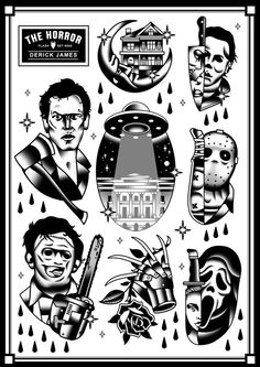 an old school poster with the faces of people and symbols on it, all in black and white