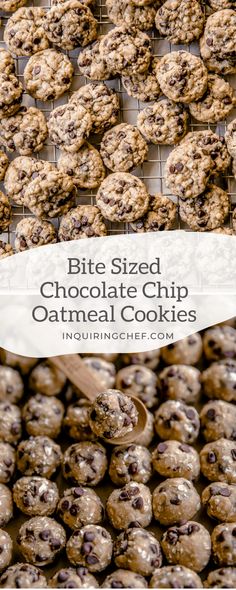 chocolate chip oatmeal cookies stacked on top of each other with the words bite sized chocolate chip oatmeal cookies above them