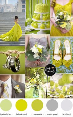 yellow and green wedding color palettes for the bride's dress, shoes, bouquet