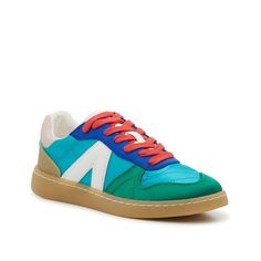 Mia-Vesta Sneaker - Women's Enjoy vintage vibes by rocking the Vesta sneakers from Mia! The simple style is complete with retro stripes, bright colors, and a sporty vulcanized sole. Featuring an extra pair of laces so you can easily change up the look. Casual Multicolor Sneakers With Contrast Sole, Trendy Color Block Sneakers, Modern Spring Sneakers With Gum Sole, Retro Multicolor Sneakers With Gum Sole, Retro Color Block Sneakers For Spring, Retro Lace-up Summer Sneakers, Retro Color Block Sneakers, Trendy Green Color Block Sneakers, Retro Spring Color Block Sneakers