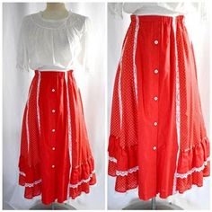 "A vintage 1970s very full pieced or patchwork red and white polka dot and solid red button front prairie skirt with white lace trim and ruffles. The skirt has an elastic waist, which measure 24 inches, stretching to 36 inches. The skirt can be unbuttoned from the hem to about 5 inches below the waist. The skirt is made of vertical panels alternating between the polka dot and solid red. There are rows of white lace running down four seams at the front, two seams in the back. There are two layere Skirt Ruffles, 60s 70s Fashion, Prairie Skirt, High Neck Blouse, Irish Lace Crochet, Polka Dot Fabric, Red Button, Dotted Fabric, Dressy Casual