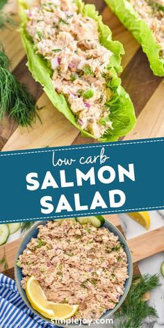 salmon salad in lettuce leaves with lemon wedges and dill on the side