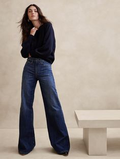 The Puddle Jean | Banana Republic Best Fall Boots, Styling Wide Leg Jeans, Business Casual Jeans, Pairing Ideas, Business Casual Winter, Wide Leg Jeans Outfit, Dressy Jeans, Wide Leg Pants Outfit, Fall Trends Outfits