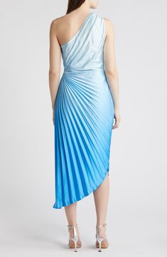 An asymmetric silhouette topped by a single shoulder brings bold flair to this pleated dress featuring a side cutout and ombré palette. 42" to 52" length (size Medium) Hidden side-zip closure One-shoulder neck Sleeveless Lined 95% polyester, 5% spandex Dry clean or hand wash, dry flat Imported Blue Fits, Free Fabric, Anniversary Sale, Fabric Gifts, Nordstrom Dresses, Pleated Dress, Top Brands, One Shoulder Dress, Blue Dresses