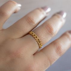 COMFORTABLE CHIC WHAT IT IS: A flexible chain ring in ﻿18k yellow gold vermeil WHY IT’S SPECIAL: It's like sweat pants for your fingers—so comfortable you won't even know you're wearing it We love how the chain adds a splash of texture to your ring stack GOOD TO KNOW: 4mm wide, 1.5mm thickRing sizes: 6, 7, 8, 9, 10 WHY WE LOVE BSTRD: If there is one thing we love at The Jewelry Edit, it’s inclusivity, which is why we applaud BSTRD’s wide range of size offerings. We’re also big fans of transparen Gold Ring Chain, Tarnish Resistant Chain Link Ring, Gold Plated Chain Link Ring, Yellow Gold Chain Ring As Promise Ring, Everyday Yellow Gold Adjustable Chain Ring, Everyday Adjustable Yellow Gold Chain Ring, Everyday Adjustable Tarnish Resistant Chain Ring, Trendy Gold Chain Ring Tarnish Resistant, Adjustable Yellow Gold Plated Chain Ring