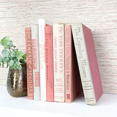 three books are sitting on a shelf next to a pot with a plant in it