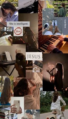 a collage of photos with the words jesus written on them and pictures of people playing musical instruments