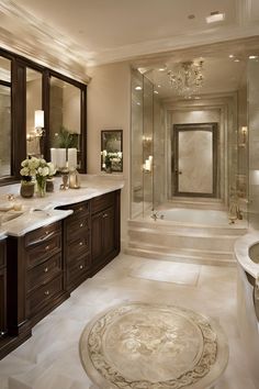 a large bathroom with marble floors and walls