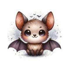 a cute little bat sitting on top of a white surface with bats flying around it