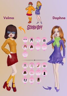 two cartoon girls are standing next to each other with different hair colors and shapes on them