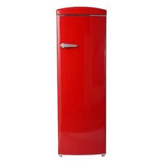 a red refrigerator freezer sitting on top of a white floor next to a wall