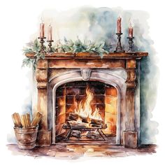 a watercolor painting of a fireplace with burning logs and candles on it's mantle