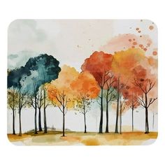 watercolor painting of trees with oranges and blue on the tops, in front of a white background