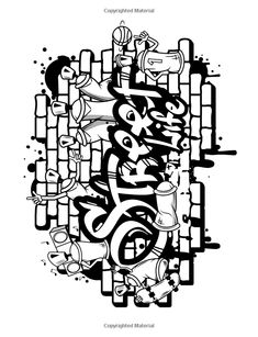 an abstract black and white drawing with the word graffiti in it's center, surrounded by