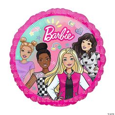 a foil balloon with the name barbie on it and three girls standing in front of each other