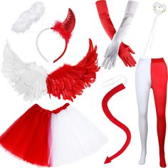 an assortment of red and white costumes with wings, headbands, gloves and bracelets