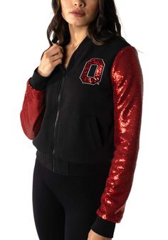 Keep the chill out with this Ohio State Buckeyes Womens Black Sequins Sleeve Bomber Light Weight Jacket! Cheer on the Buckeyes in this The Ohio State University Light Weight Jacket. With a sequins team logo on left chest, you won't want to be caught without this Light Weight Jacket on gameday. Bomber silhouette, All sequins sleeve, Center front zipper, Hand pockets, Ribbed collar, sleeve cuffs, and waistband, 4 Fall Fitted Outerwear With Contrast Sequin, Casual Winter Outerwear With Sequins, Casual Fall Outerwear With Sequins, Fitted Contrast Sequin Outerwear For Fall, Casual Sequined Outerwear For Winter, Casual Sequined Outerwear For Fall, Black Outerwear With Contrast Sequin For Winter, Winter Black Outerwear With Contrast Sequin, Ohio State Buckeyes Outfits