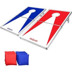 two red, white and blue cornhole game pieces